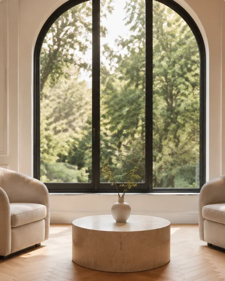 The waiting area: two soft armchairs either side of a round travertine table, beneath a tall arched window looking onto trees.